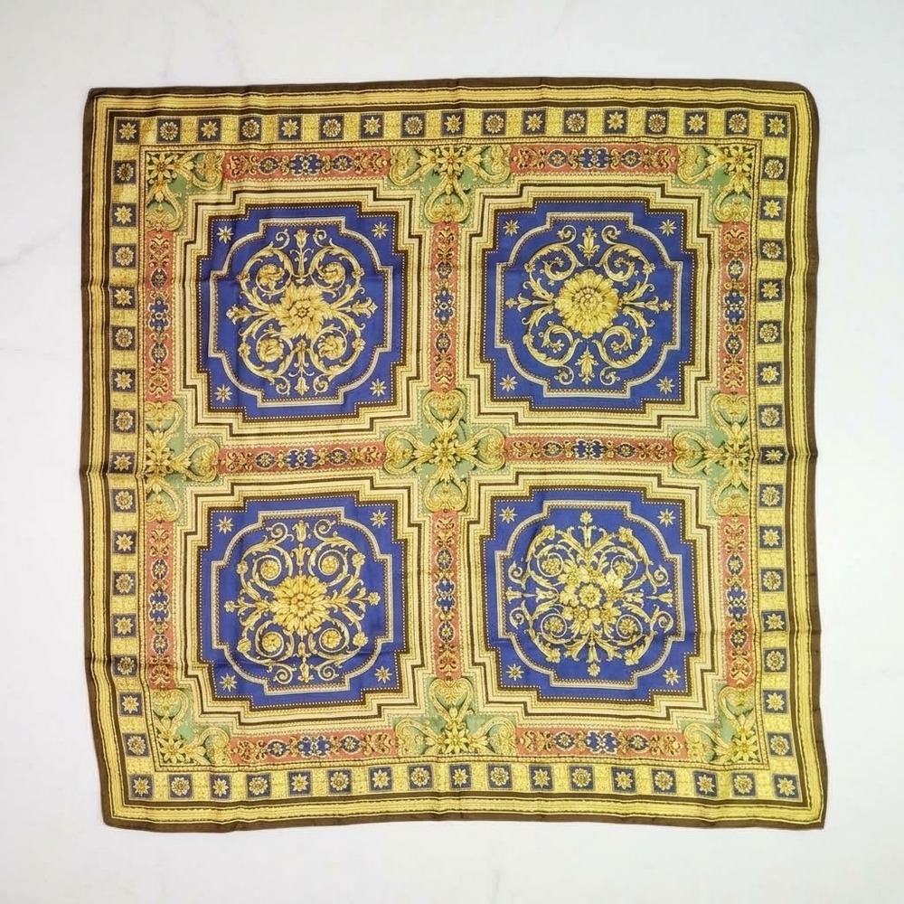 Pierre Cardin Scarf Yellow Blue Baroque Vintage Silk Vintage 90s